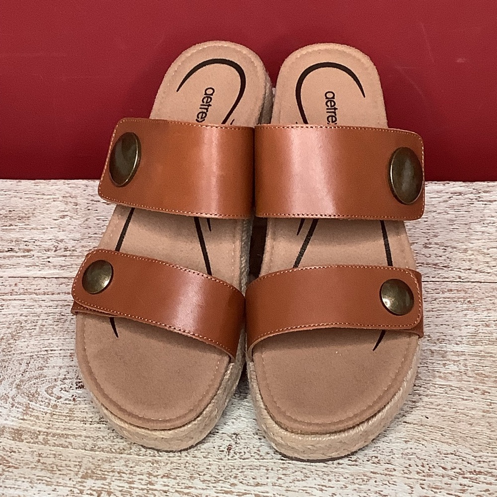 AETREX Sofie Cognac Leather Platform Sandals Jute Trim Arch Support Memo… - Picture 10 of 16